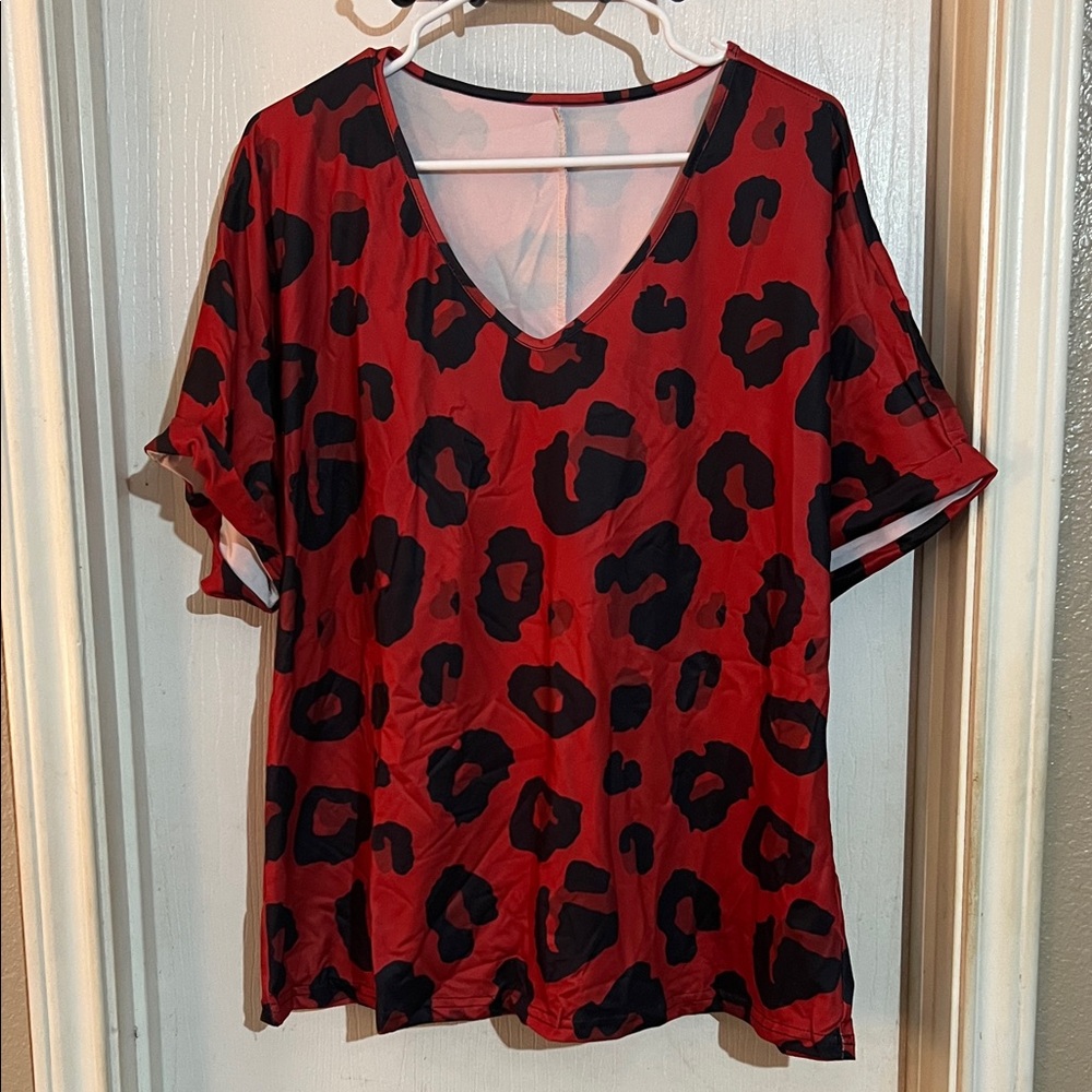Red Leopard Print V-Neck Top